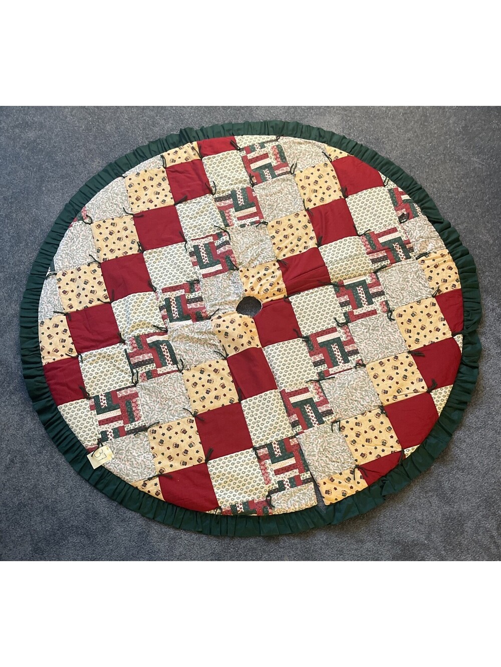 Handmade Quilted Christmas Tree Skirt w/ Green Ruffle Edge,  60" Diameter